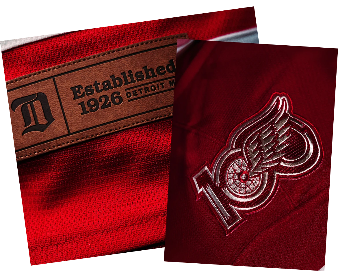 Hockeytown jerseys including up close details of stitching and embroidery.