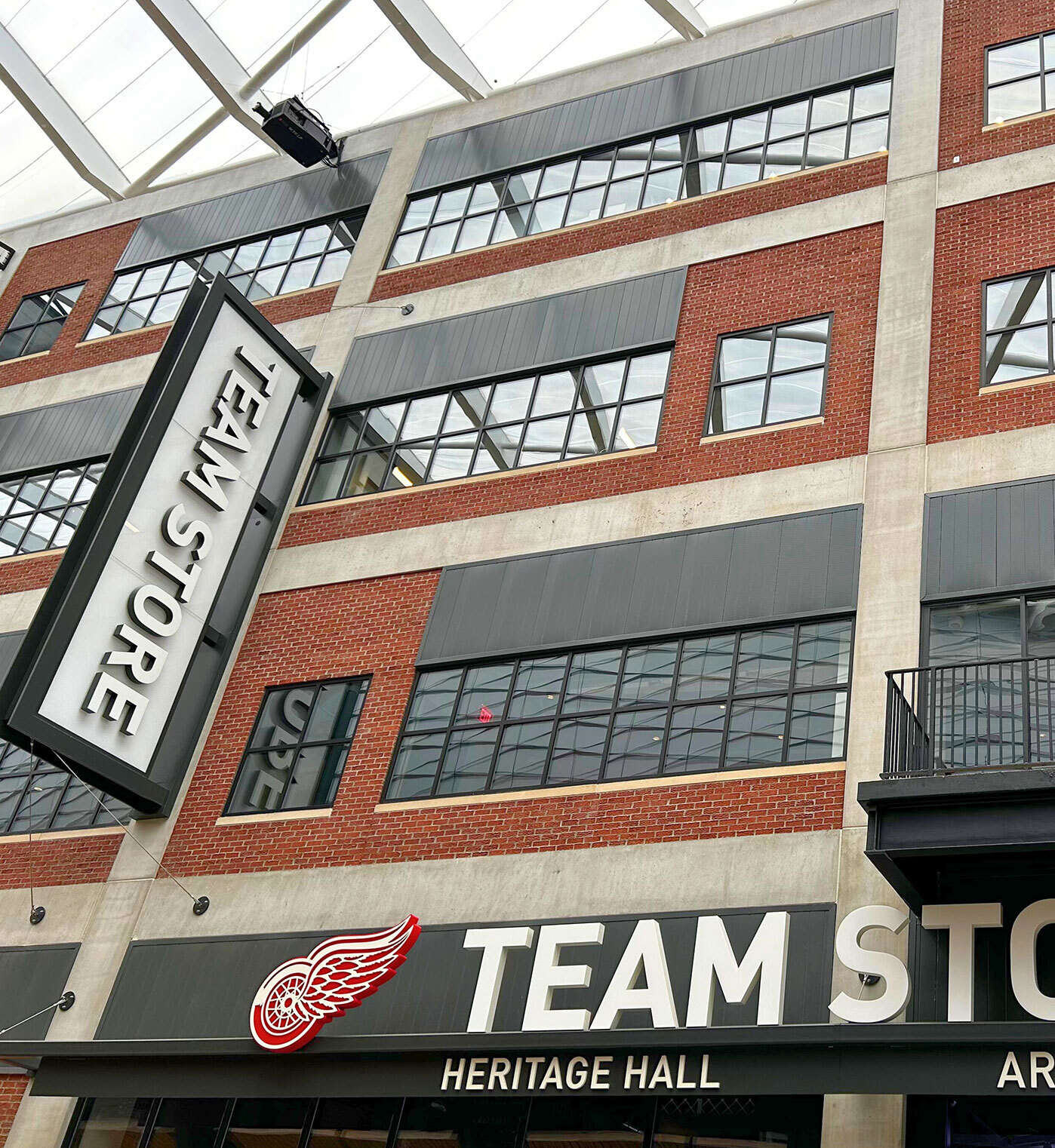 Exterior of the Team Store from inside Little Caesars Arena.